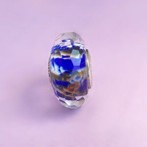 PANDORA Silver Deep Ocean Sea Glass Blue Murano Faceted Charm